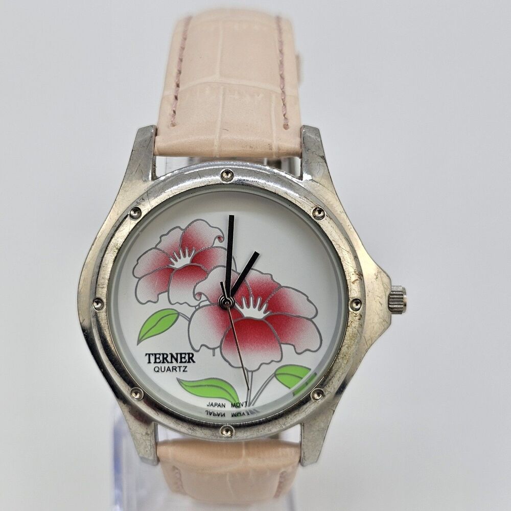 Terner Flowers Dial Women's Watch 38MM Pink‎ Leather Band Straps New Battery